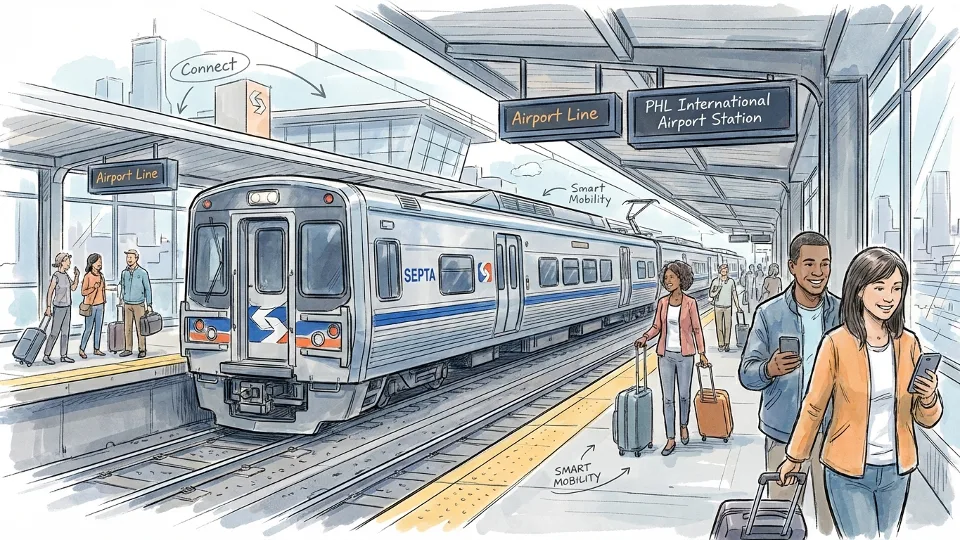 SEPTA Airport Line train at Philadelphia International Airport station platform with passengers waiting
