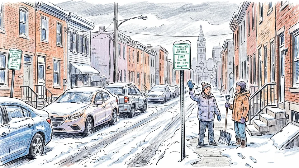 Snow-covered Philadelphia street with parking signs and residential vehicles during winter weather