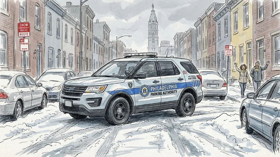 Philadelphia Parking Authority enforcement vehicle on snowy city street with parked cars along snow emergency route