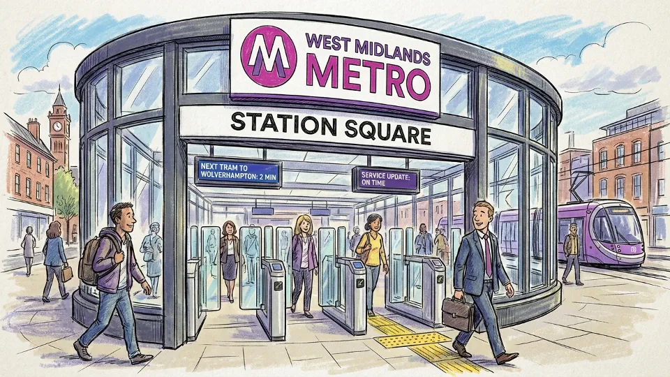 West Midlands transit station entrance during regular operating hours