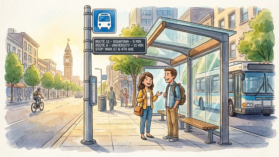 Bus stop sign on urban street with route information display