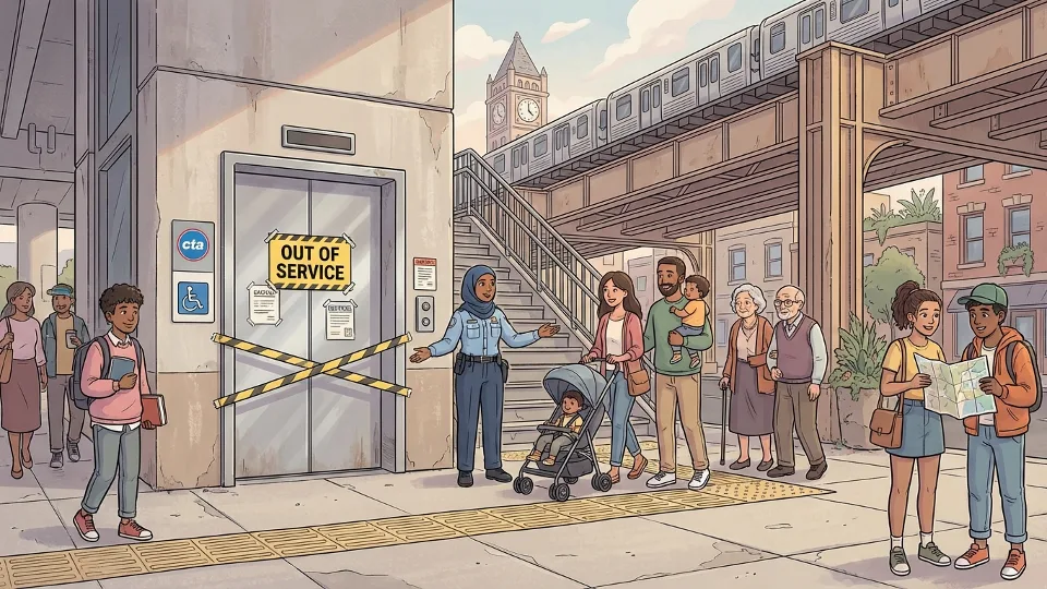 Elevator entrance at Chicago CTA elevated train station with out of service signage