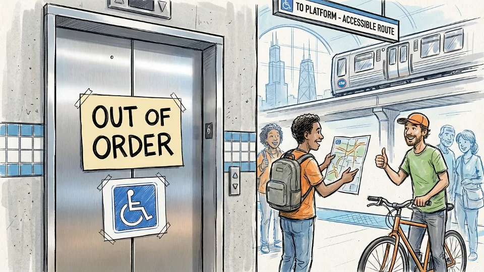 Out of order sign on elevator doors at CTA subway station with accessibility symbol visible