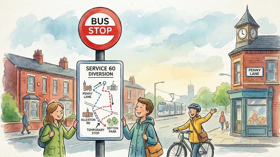 Bus stop sign on Penny Lane with route map showing Service 60 diversion path