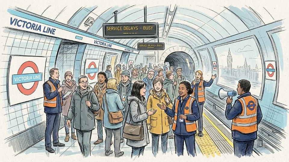 Transport for London staff assisting passengers at busy Victoria Line platform during service disruption