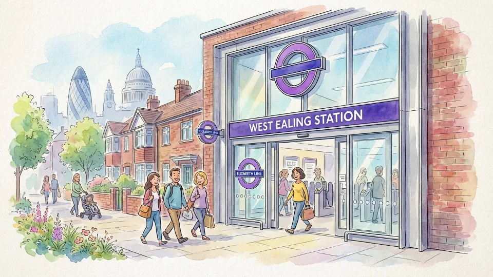West Ealing station entrance with TfL signage and Elizabeth Line branding visible