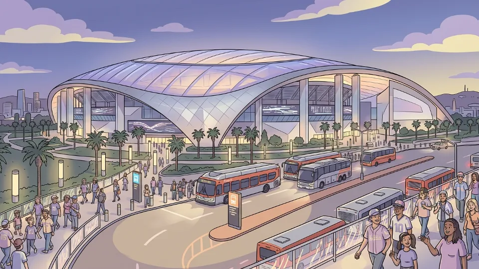SoFi Stadium exterior with transit buses and passenger drop-off area during evening event