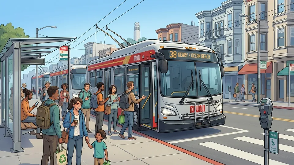 Multiple Muni buses at transit stop with passengers waiting to board