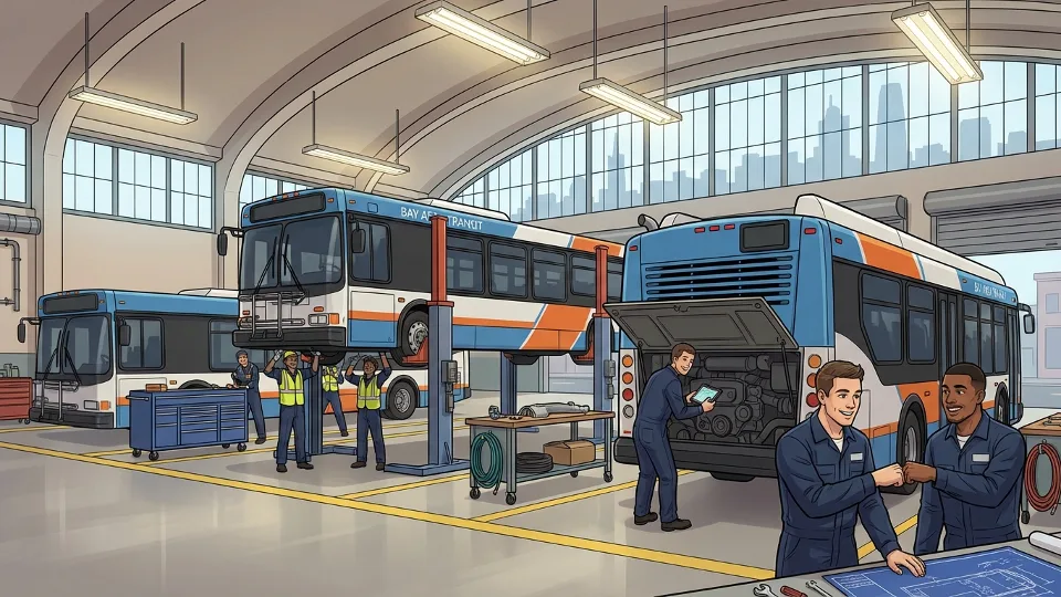Transit maintenance facility with buses undergoing mechanical repairs, mechanics working on engine compartment