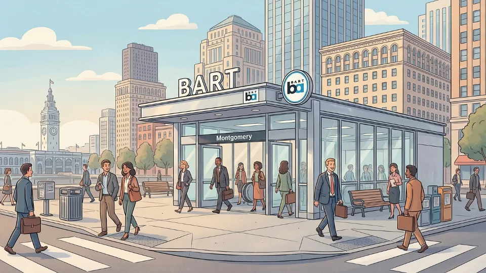 Montgomery Station entrance with commuters in downtown San Francisco