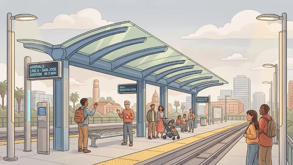 Modern light-rail station platform with covered waiting area and digital information displays