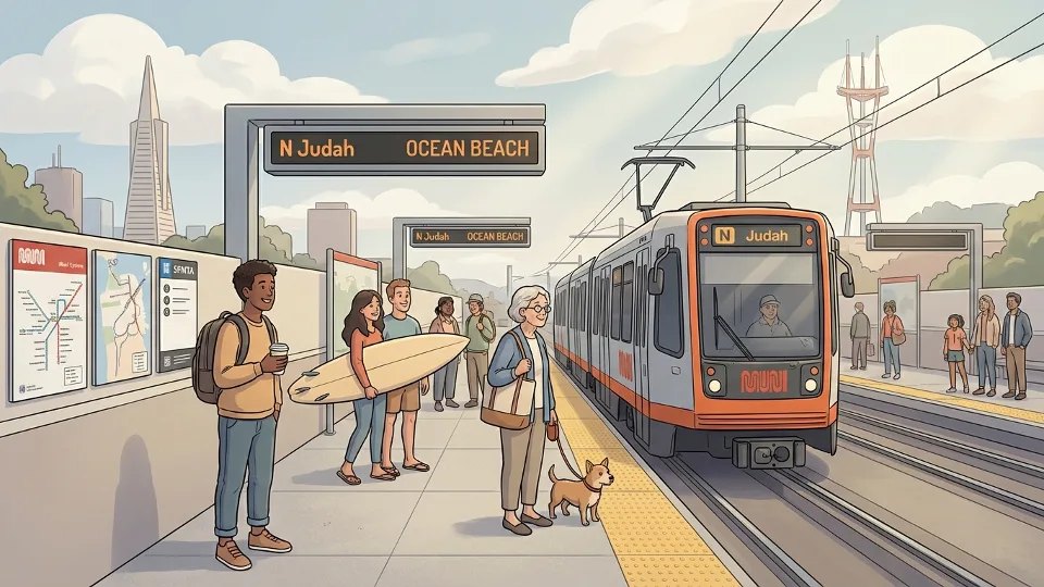 Passengers waiting at Muni Metro platform for N Judah train