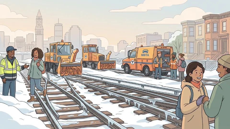 MBTA Blue Line track switches covered in ice and snow with maintenance equipment nearby