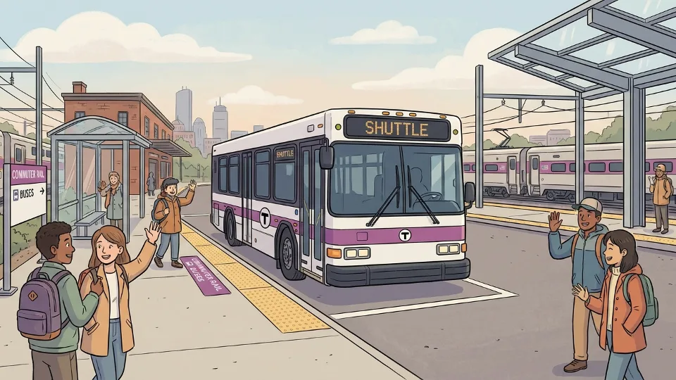 MBTA shuttle bus at commuter rail station with route signage visible