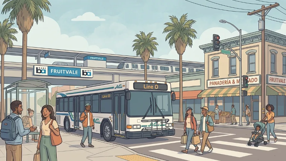 Line O bus approaching stop in San Francisco Bay Area with Fruitvale BART station visible in background