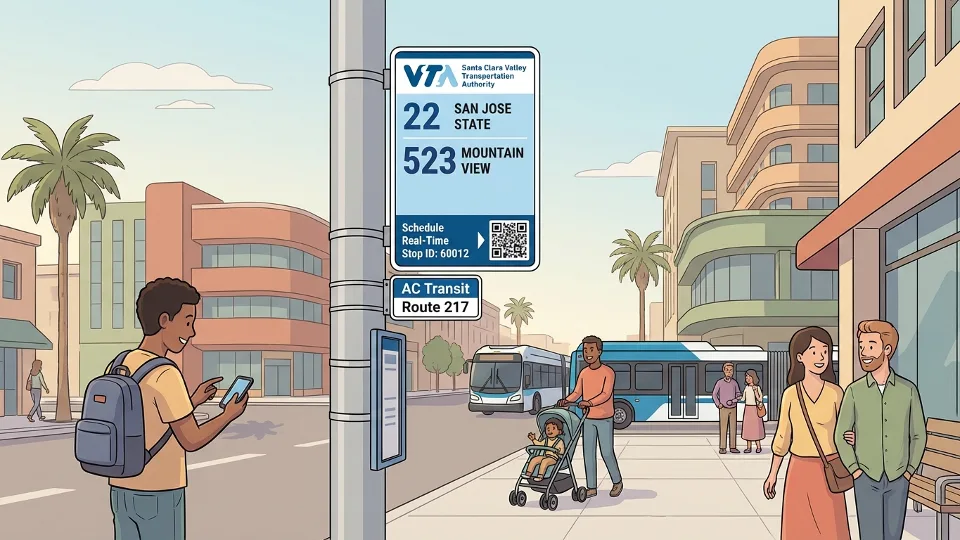 Bay Area transit bus stop sign showing route information and schedule