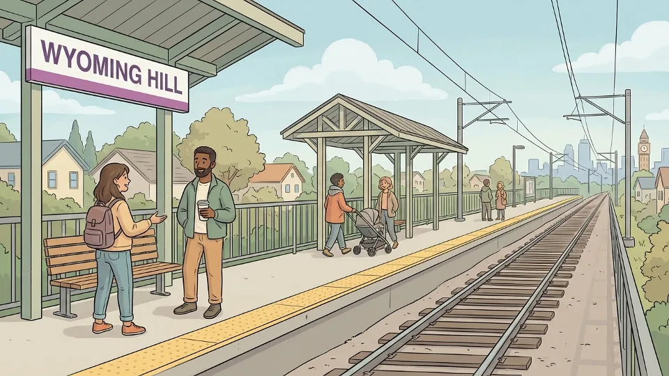 Wyoming Hill commuter rail station sign and platform area