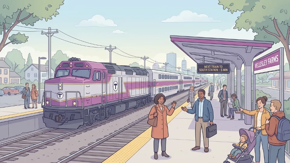 MBTA commuter rail train at suburban station platform with passengers waiting