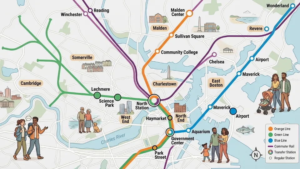 Boston transit map showing Northside station locations and rail lines with clear station markers and neighborhood labels