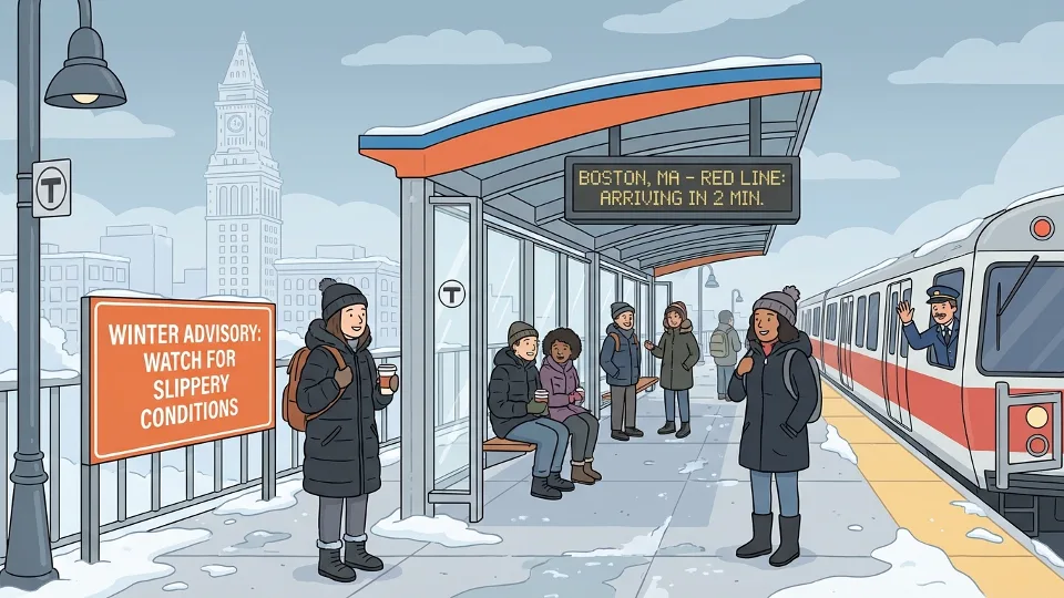 MBTA station platform with winter weather advisory signage and waiting passengers