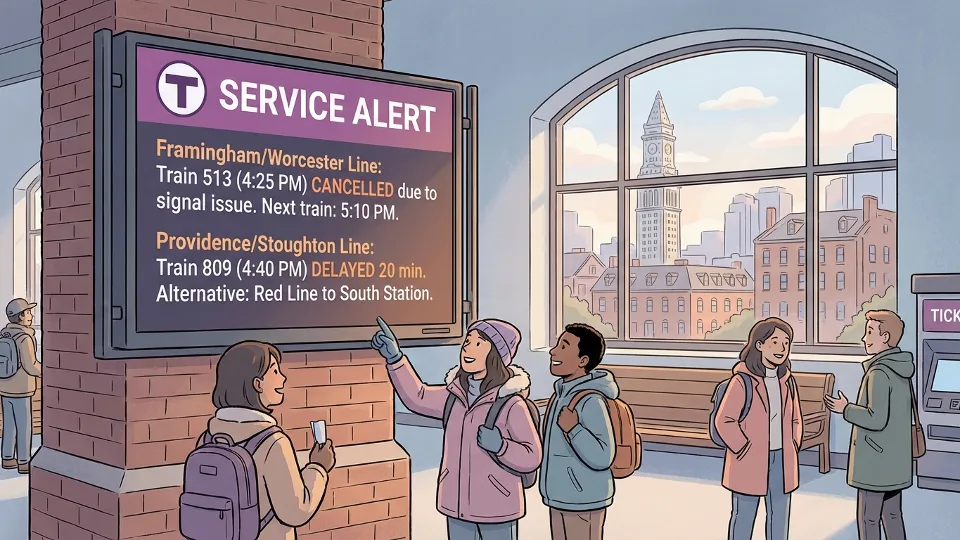 MBTA service alert display board showing train cancellation information at commuter rail station