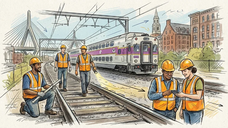 MBTA commuter rail maintenance crew inspecting train tracks