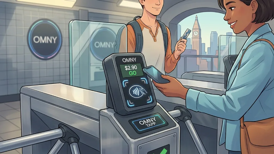 Modern TAPP card reader installed at subway station entrance with contactless payment symbol