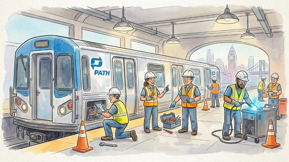 PATH maintenance crew working on train equipment at station, showing technical repair work and safety equipment