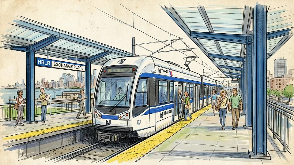 Hudson-Bergen Light Rail train at station platform