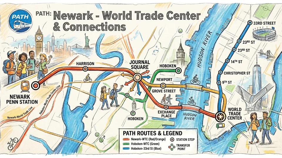 PATH system map showing Newark to World Trade Center line route through Journal Square