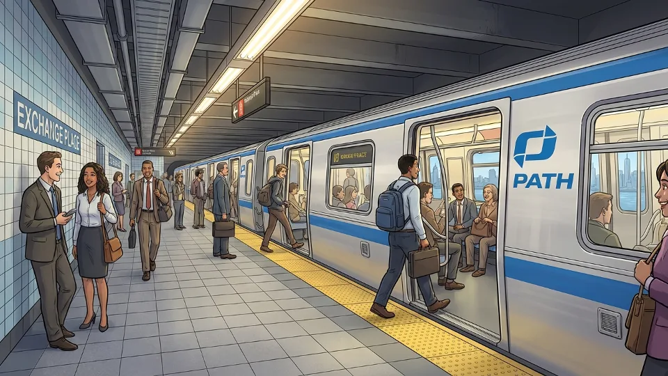PATH train at Exchange Place platform with passengers boarding