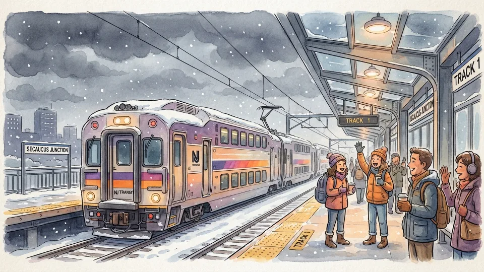 NJ Transit commuter train at platform with winter storm clouds overhead