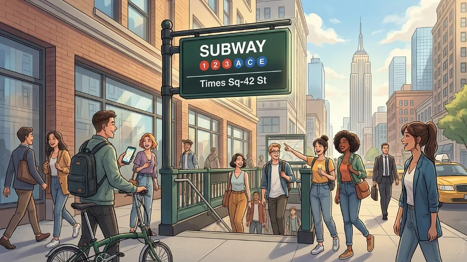 NYC subway entrance sign showing multiple station options in Manhattan