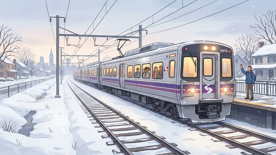 SEPTA regional rail train moving through snow-covered tracks in Philadelphia suburbs