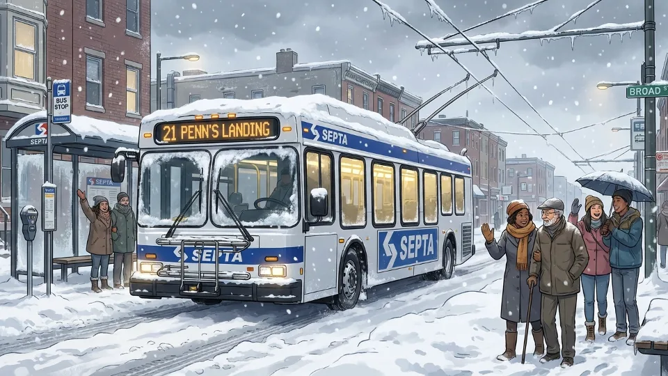 Snow-covered SEPTA bus at Philadelphia transit stop during winter storm