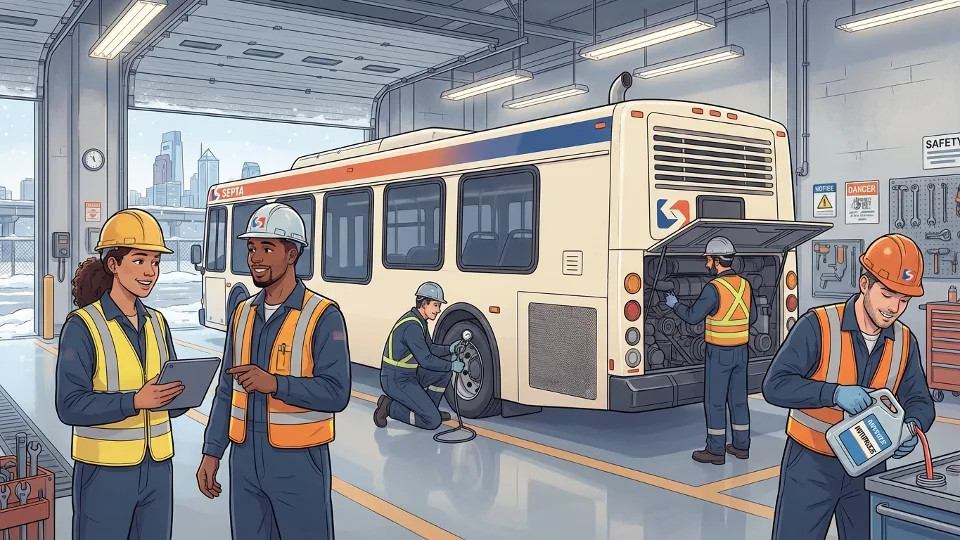 SEPTA maintenance crew inspecting bus in depot garage during winter weather preparations