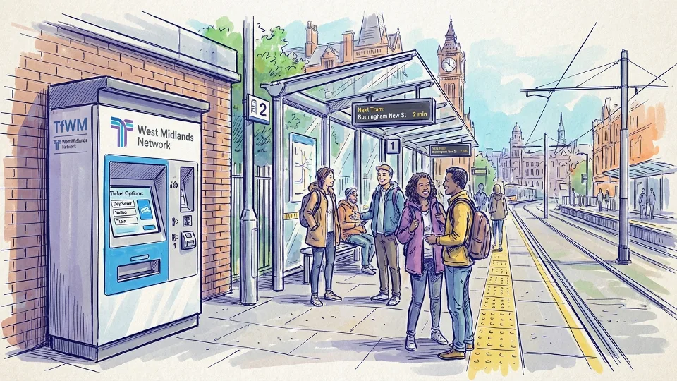 West Midlands transit ticket vending machine and station platform with waiting passengers