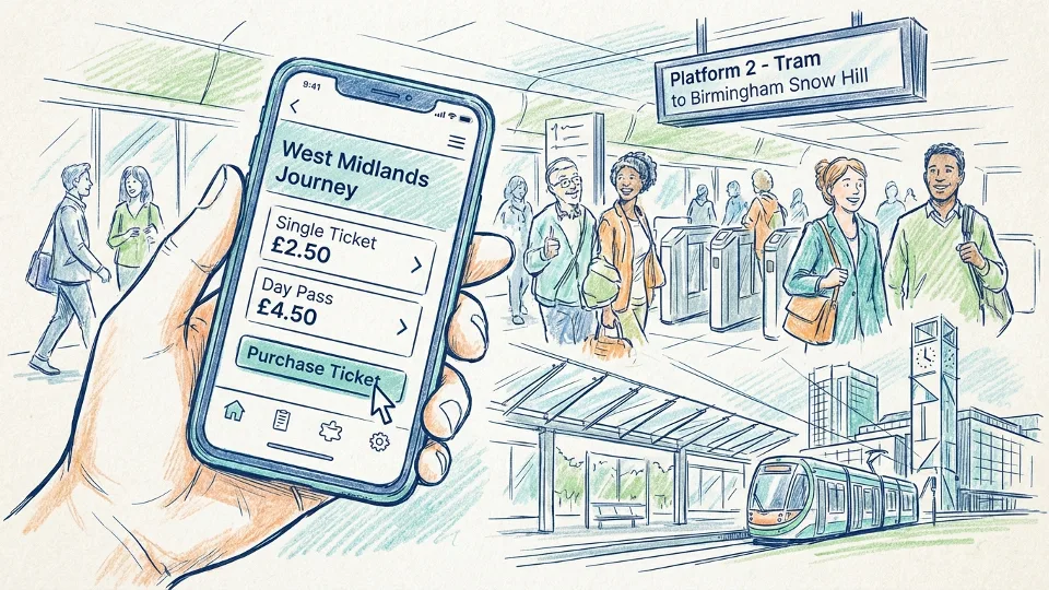 Smartphone screen showing transit mobile app with ticket purchase interface at West Midlands transit station