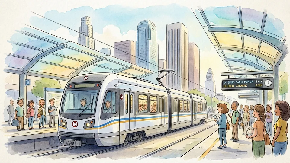 Los Angeles Metro rail train at downtown station platform during daytime