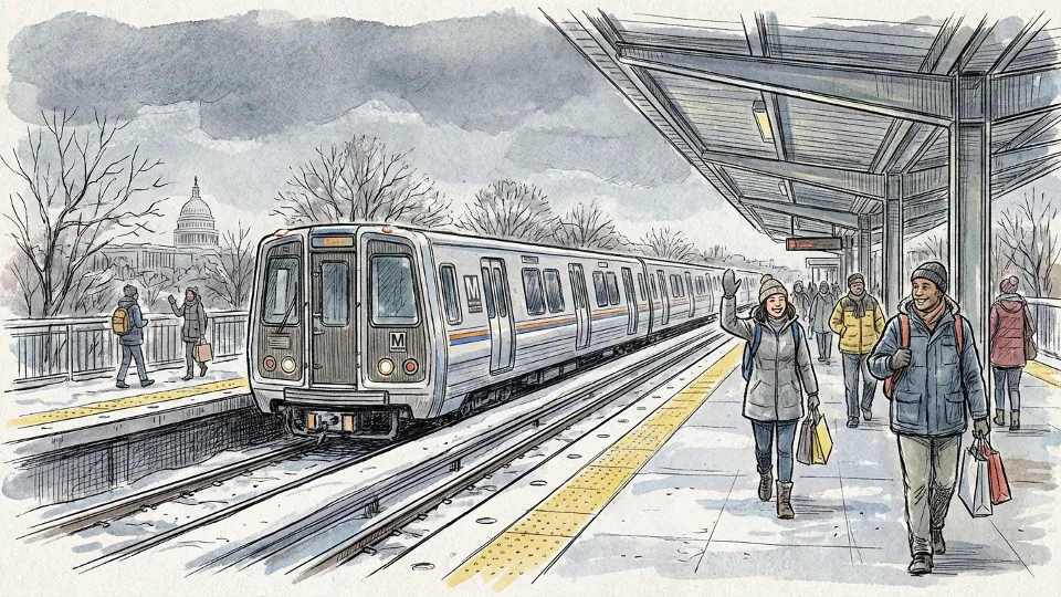Metro train at outdoor station platform during winter weather conditions with overcast sky