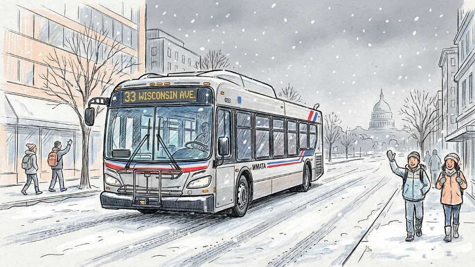 Metro bus traveling on snowy urban street with winter weather visible