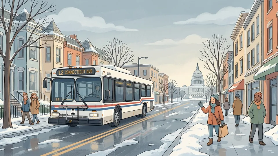 Metro bus on city street with winter road conditions visible