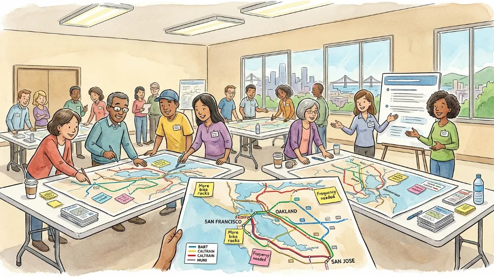 Community members reviewing transit maps and providing feedback at public planning meeting
