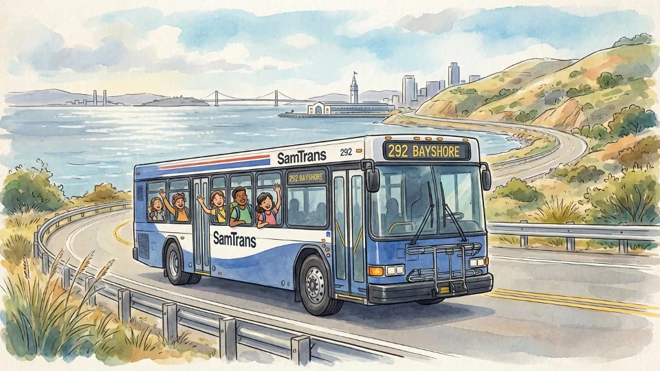 SamTrans bus traveling along Peninsula corridor with bay views in background