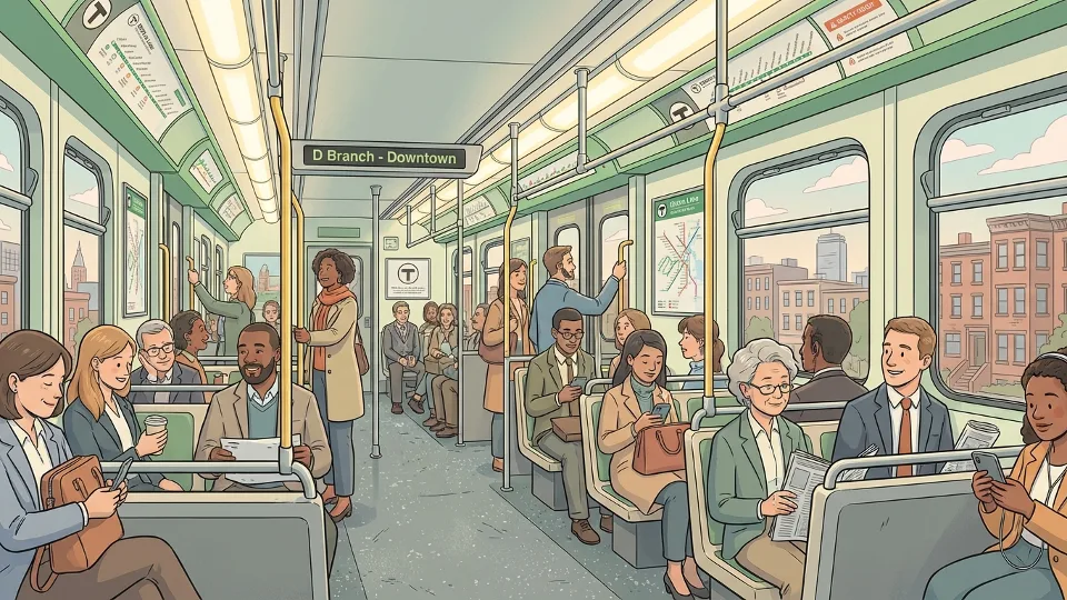 MBTA Green Line train interior with passengers during morning commute. Alt text: Green Line D Branch passengers during Boston morning commute delays. Composition: Interior view showing riders standing and seated, capturing typical crowded conditions during service disruptions.