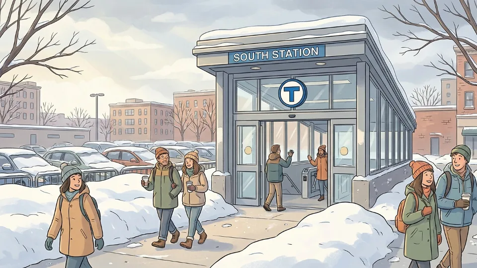 MBTA station entrance with snow banks and parking area in background showing winter conditions