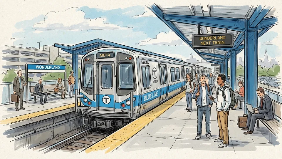 MBTA Blue Line train at Wonderland station platform with passengers waiting