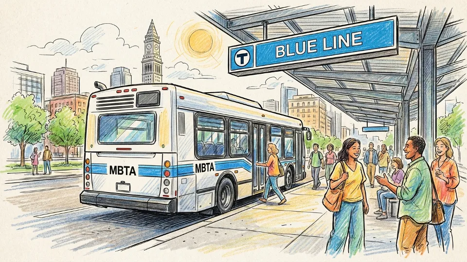 MBTA shuttle bus at transit station with Blue Line signage visible