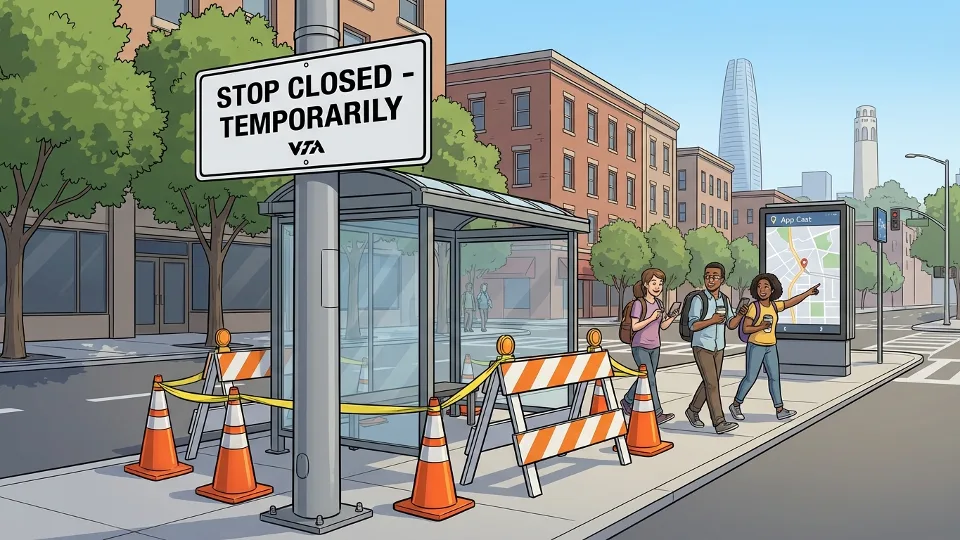 Closed transit stop sign with orange cones and barriers at urban bus stop, showing typical temporary closure setup with empty passenger waiting area
