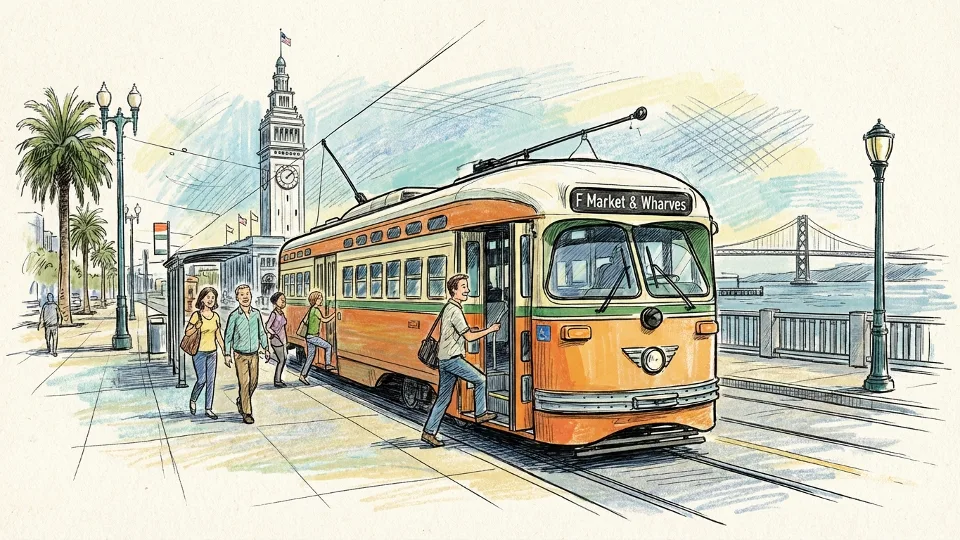 Historic F Market streetcar on San Francisco's Embarcadero waterfront with passengers boarding